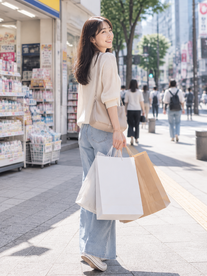 11 日本の街で買い物を楽しむ女性